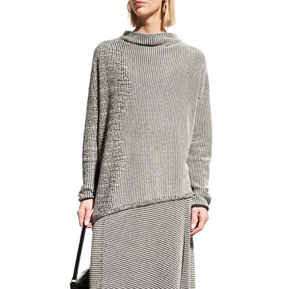 NIC+ZOE Pixel Knit Asymmetrical Mock Neck Sweater Black White Medium